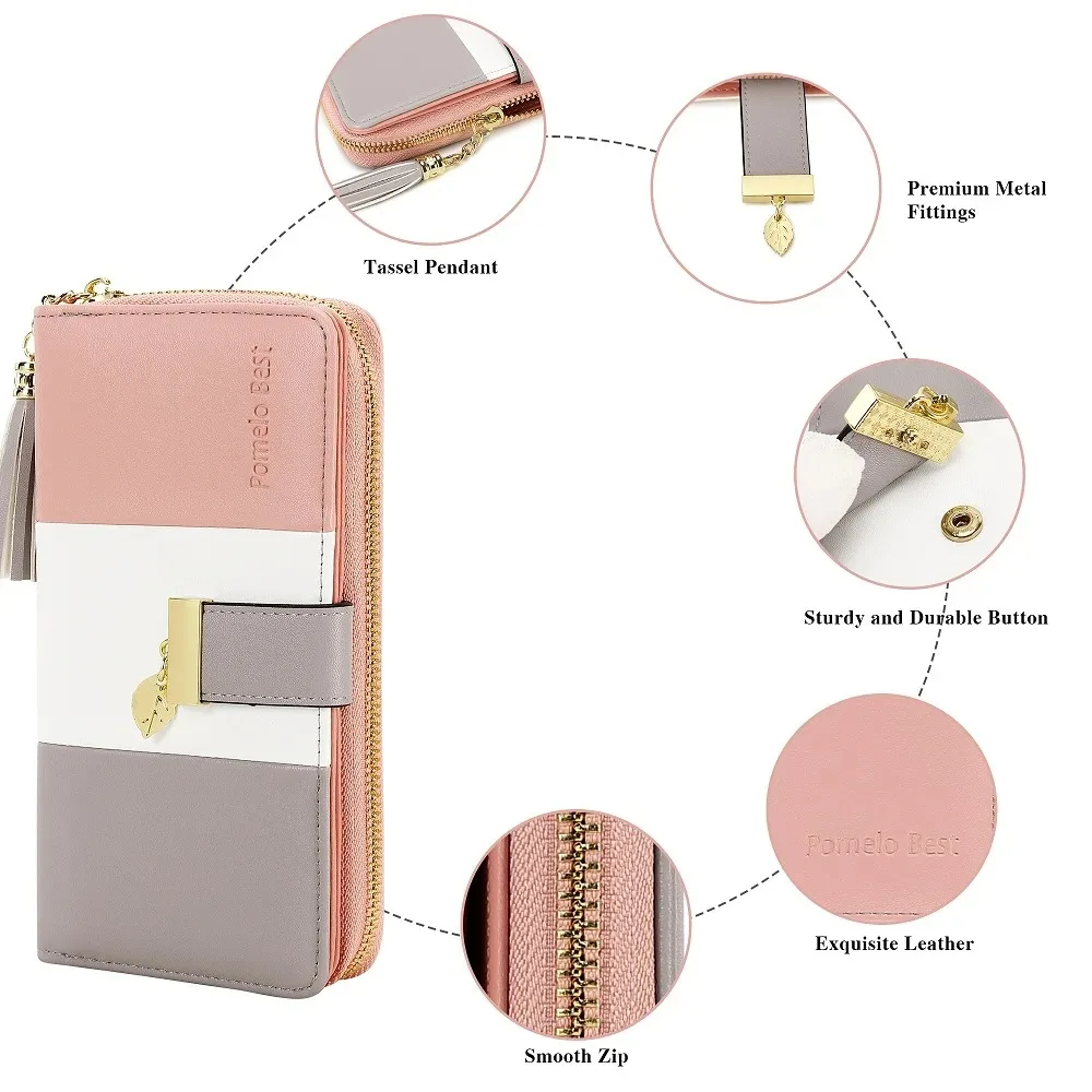 Pomelo Best Tri‑Color Women's Wallet PU Leather Long Zipper RFID Blocking Large Capacity 9 Card Slots Tassel Pendant Fits Phone