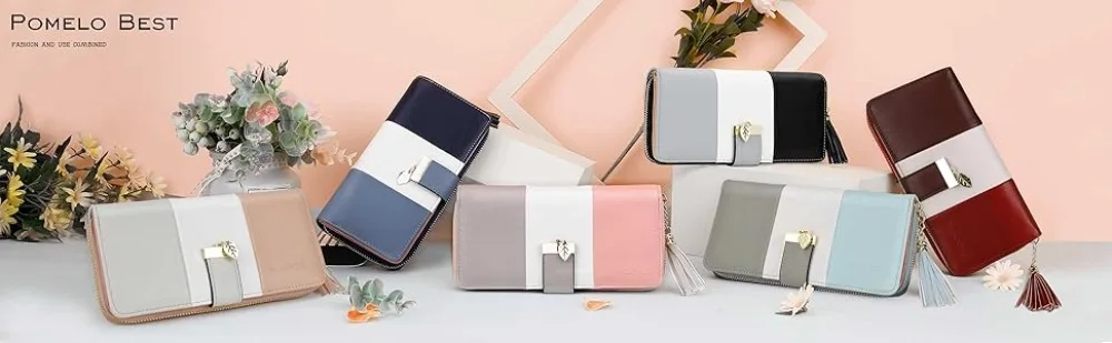 Pomelo Best Tri‑Color Women's Wallet PU Leather Long Zipper RFID Blocking Large Capacity 9 Card Slots Tassel Pendant Fits Phone