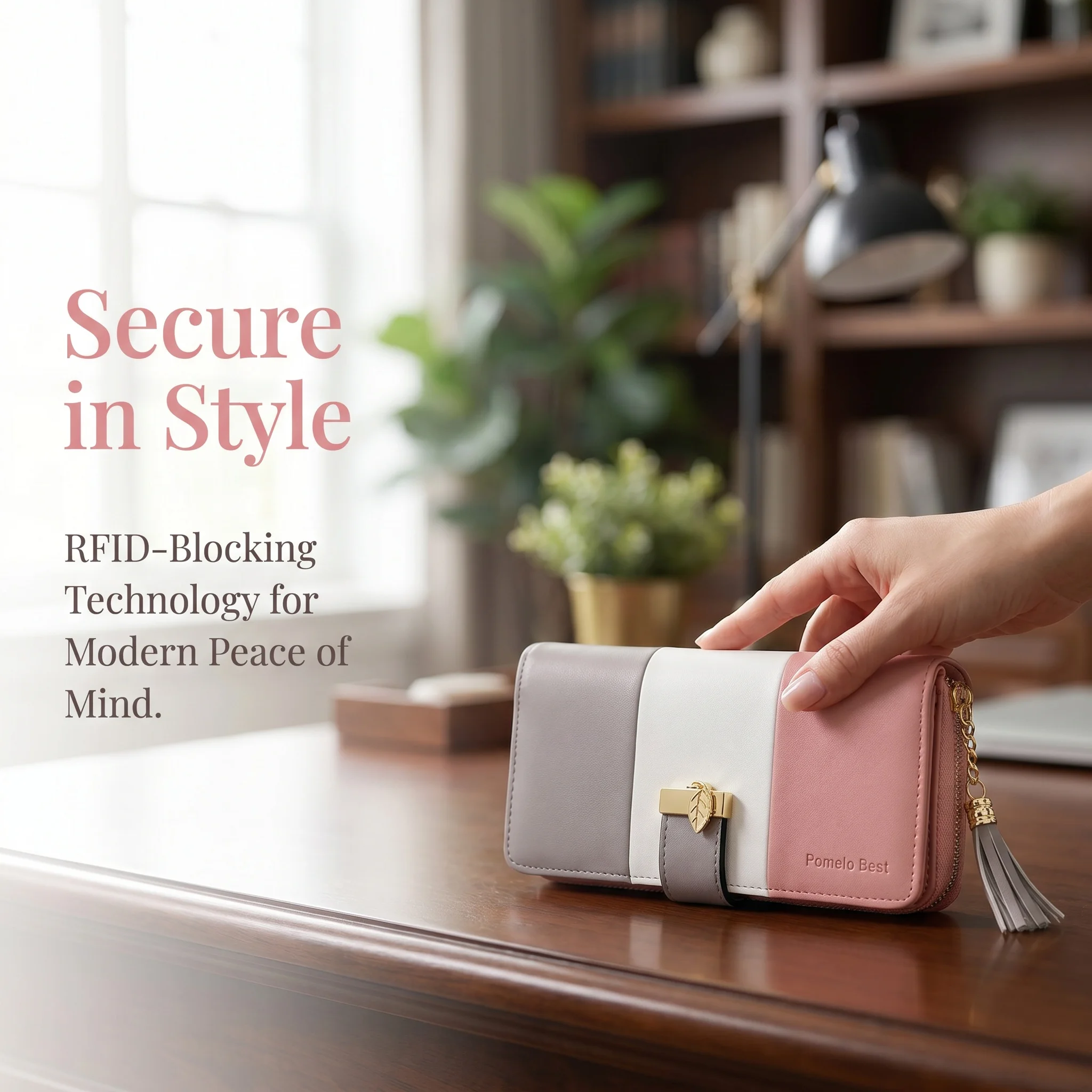 Pomelo Best Tri‑Color Women's Wallet PU Leather Long Zipper RFID Blocking Large Capacity 9 Card Slots Tassel Pendant Fits Phone