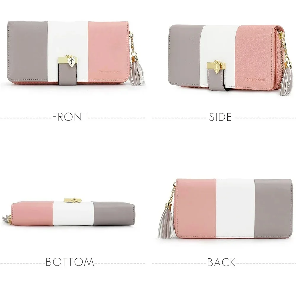 Pomelo Best Tri‑Color Women's Wallet PU Leather Long Zipper RFID Blocking Large Capacity 9 Card Slots Tassel Pendant Fits Phone