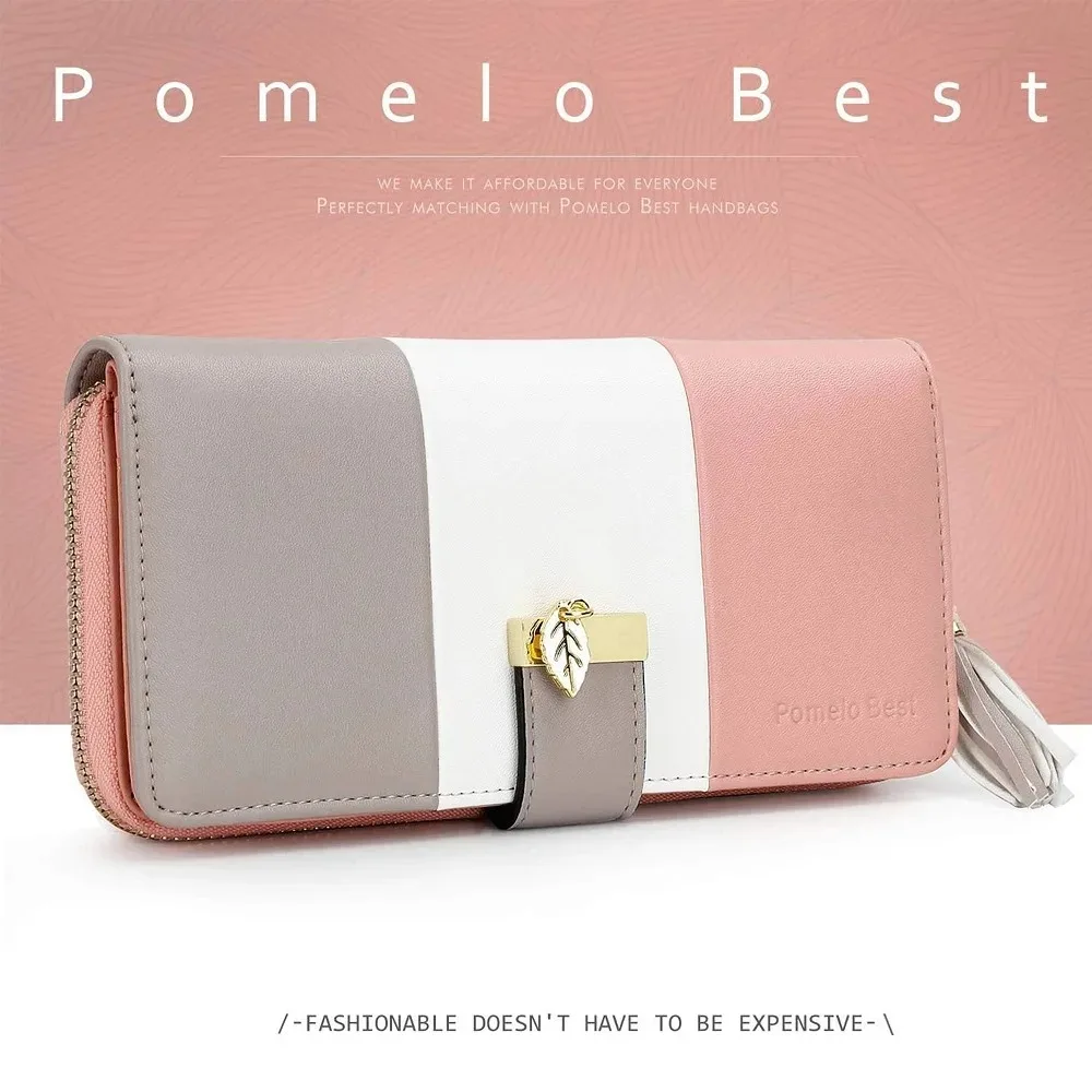 Pomelo Best Tri‑Color Women's Wallet PU Leather Long Zipper RFID Blocking Large Capacity 9 Card Slots Tassel Pendant Fits Phone
