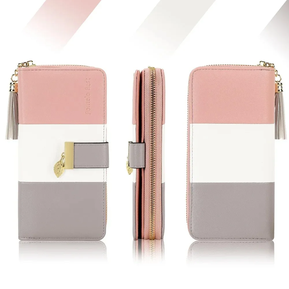 Pomelo Best Tri‑Color Women's Wallet PU Leather Long Zipper RFID Blocking Large Capacity 9 Card Slots Tassel Pendant Fits Phone