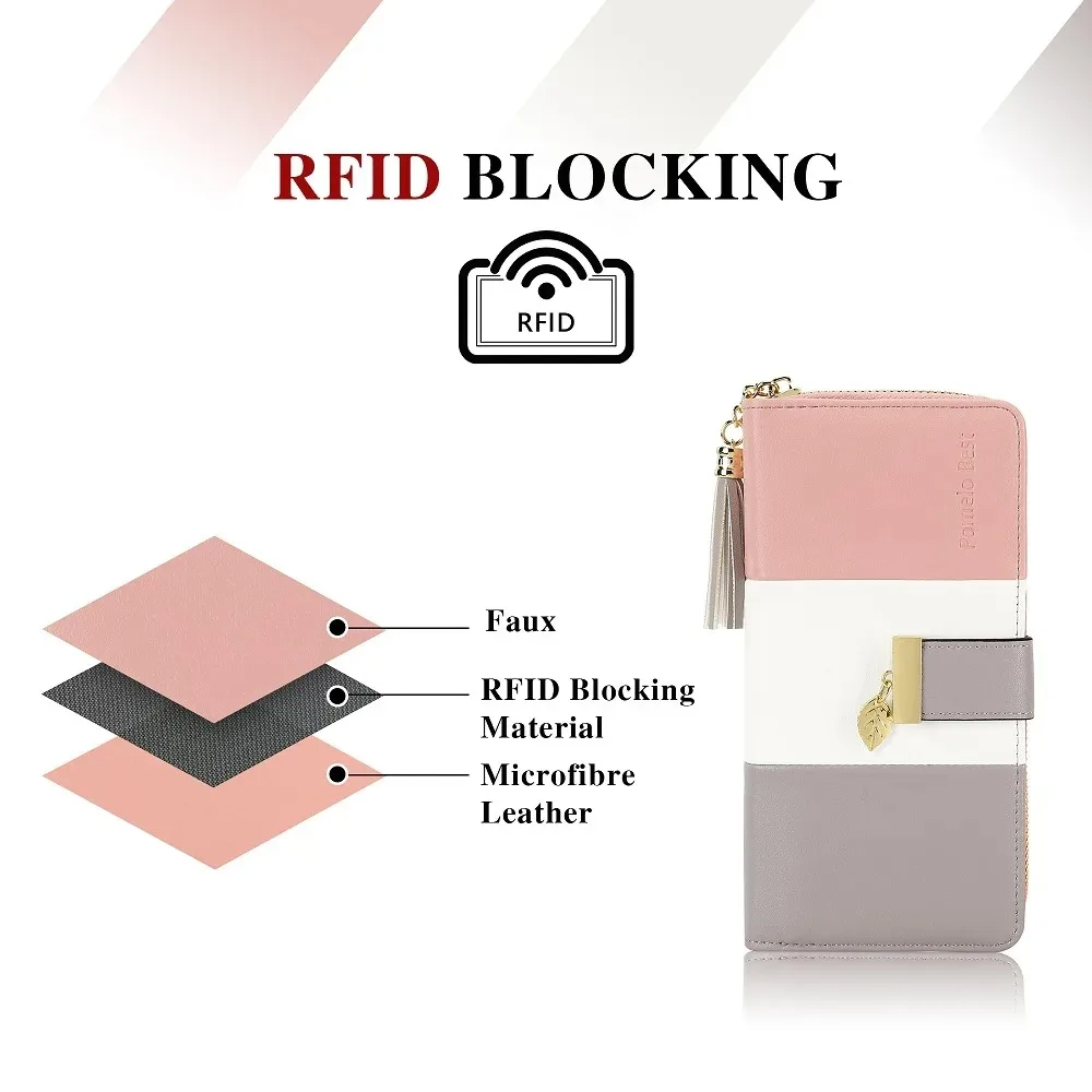 Pomelo Best Tri‑Color Women's Wallet PU Leather Long Zipper RFID Blocking Large Capacity 9 Card Slots Tassel Pendant Fits Phone