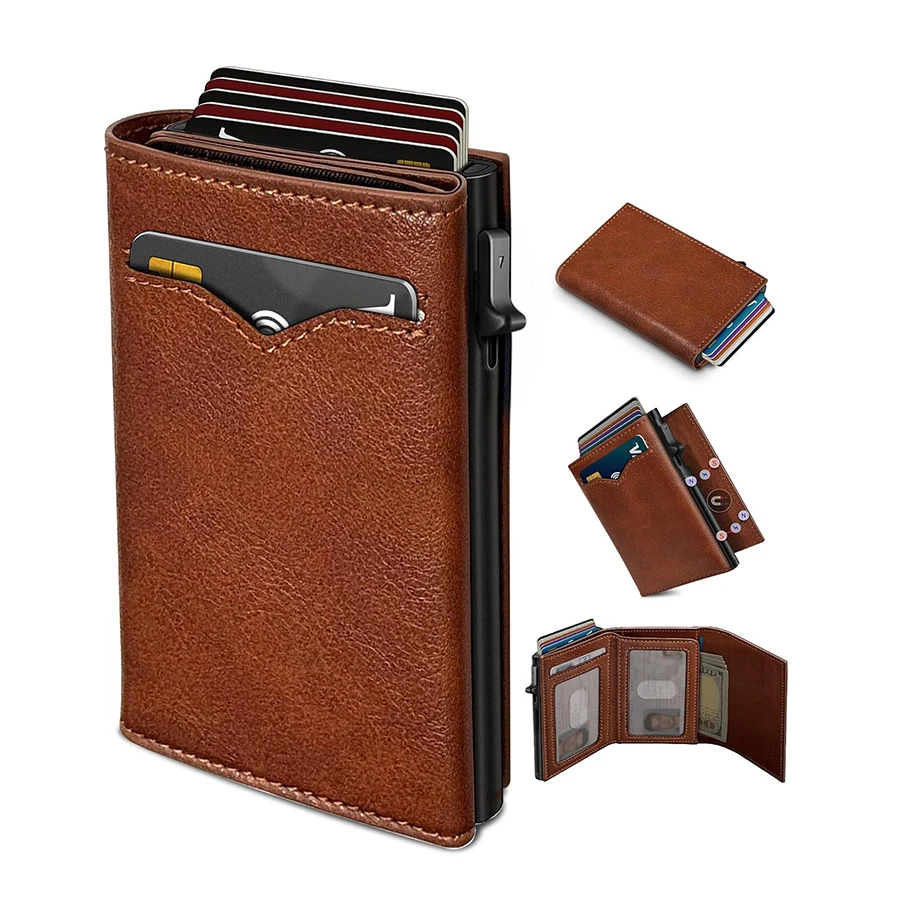 Men Retro Leather RFID Pop‑Up Credit Card Holder Slim Automatic Eject Wallet Multi ID Window Business Male Card Purse