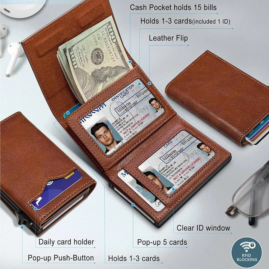 Men Retro Leather RFID Pop‑Up Credit Card Holder Slim Automatic Eject Wallet Multi ID Window Business Male Card Purse