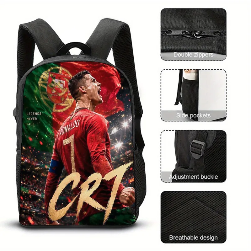 Football Ronaldos Backpack Student 3D Cr7 Printing 16inch School Bags Boy Man Outdoor Sports Rucksack Large Travel Knapsack Gift