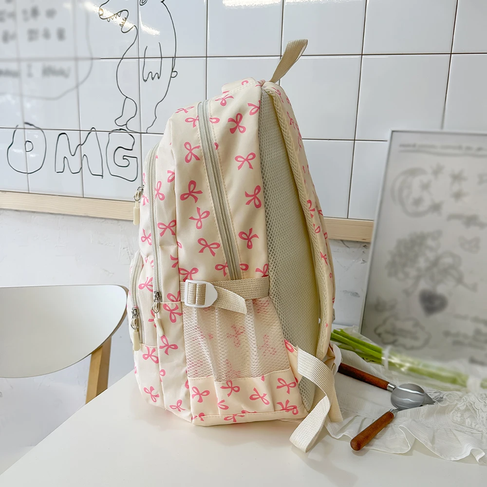 Korean Fashion Bow Print Women Fashion Backpack Lightweight Simple Student Schoolbag Female Bag Three-Piece Set