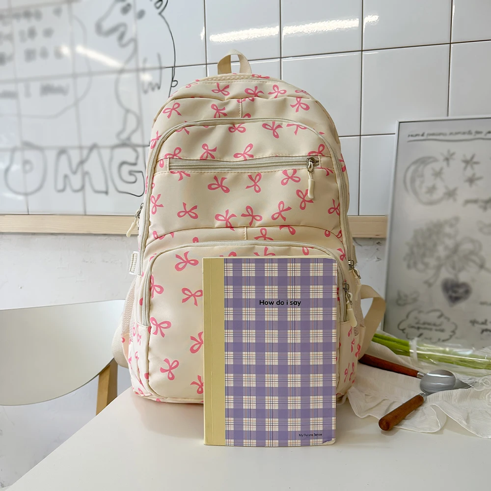 Korean Fashion Bow Print Women Fashion Backpack Lightweight Simple Student Schoolbag Female Bag Three-Piece Set