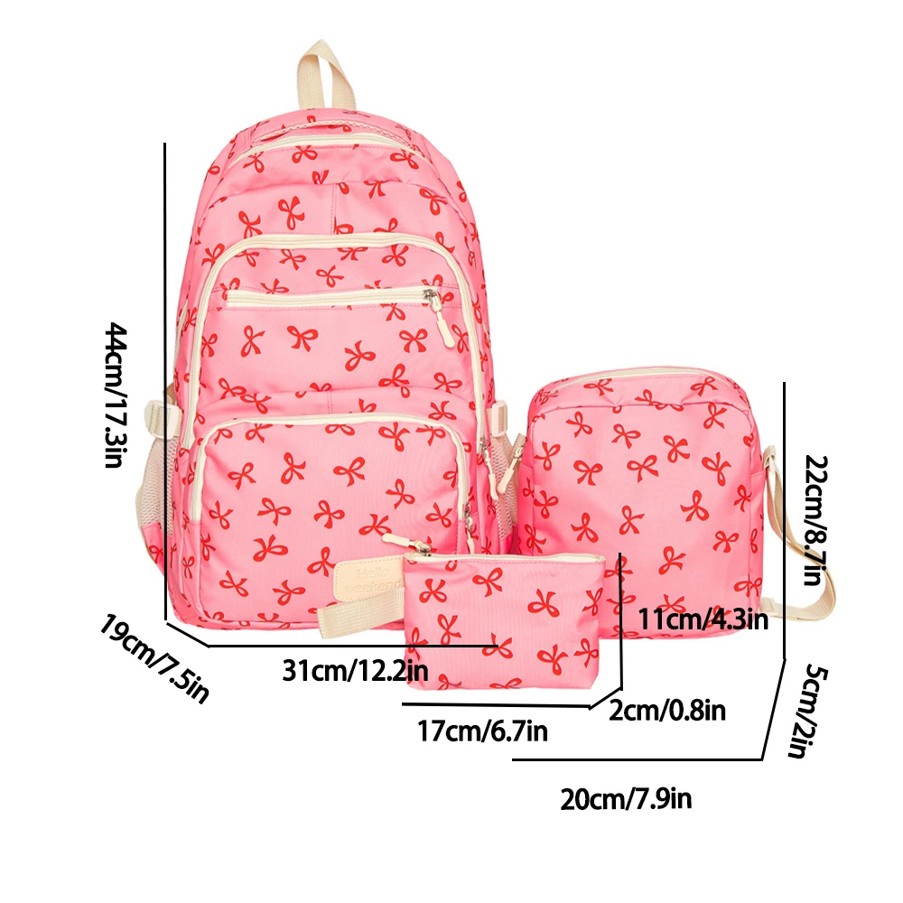 Korean Fashion Bow Print Women Fashion Backpack Lightweight Simple Student Schoolbag Female Bag Three-Piece Set