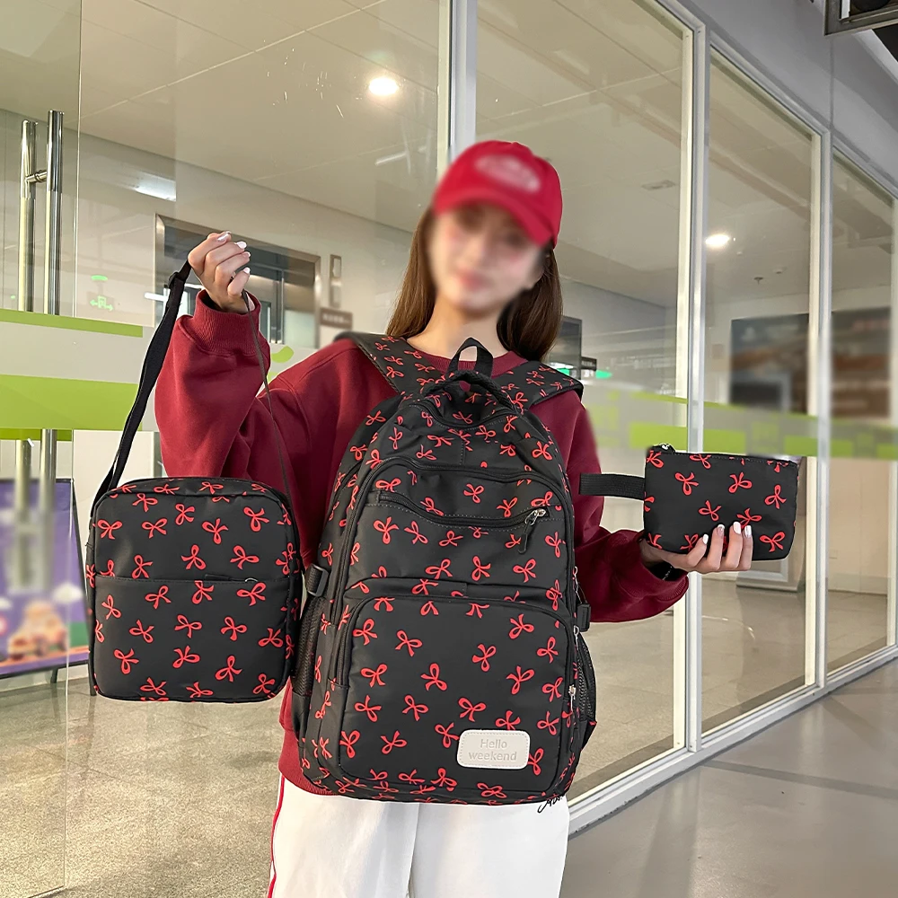 Korean Fashion Bow Print Women Fashion Backpack Lightweight Simple Student Schoolbag Female Bag Three-Piece Set