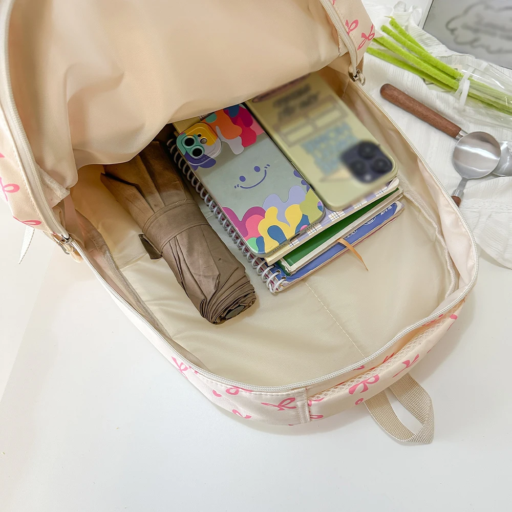 Korean Fashion Bow Print Women Fashion Backpack Lightweight Simple Student Schoolbag Female Bag Three-Piece Set