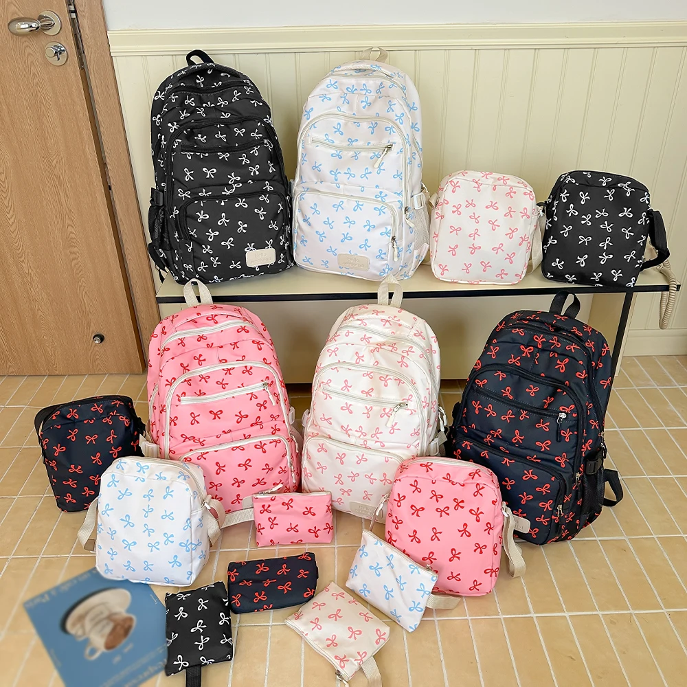 Korean Fashion Bow Print Women Fashion Backpack Lightweight Simple Student Schoolbag Female Bag Three-Piece Set