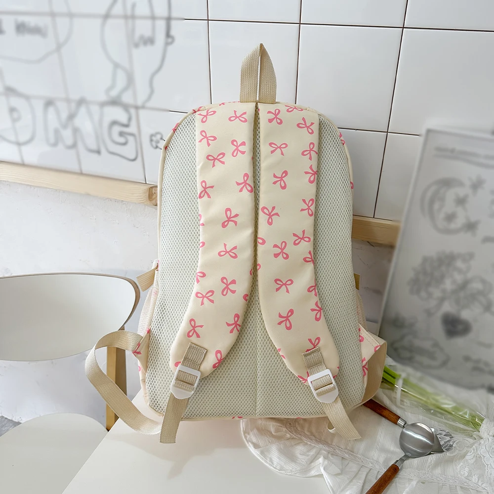 Korean Fashion Bow Print Women Fashion Backpack Lightweight Simple Student Schoolbag Female Bag Three-Piece Set