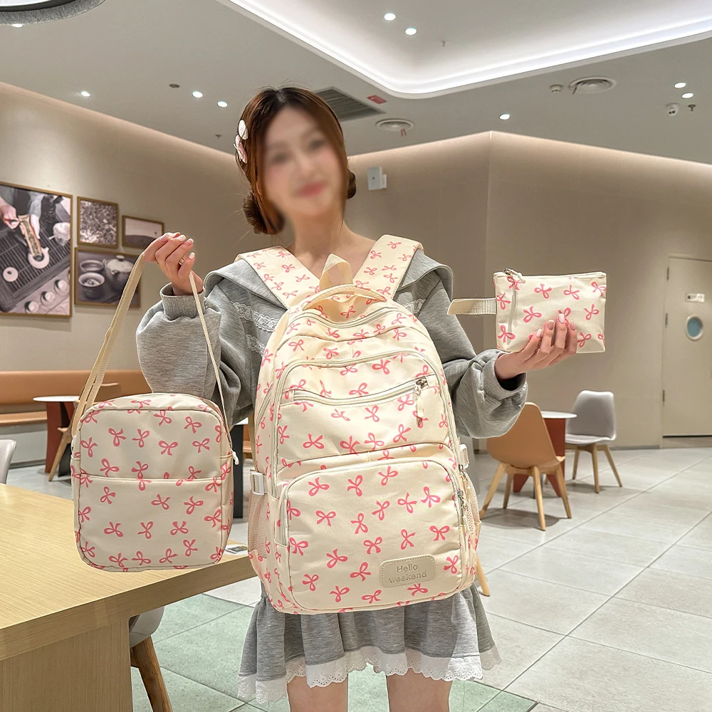 Korean Fashion Bow Print Women Fashion Backpack Lightweight Simple Student Schoolbag Female Bag Three-Piece Set