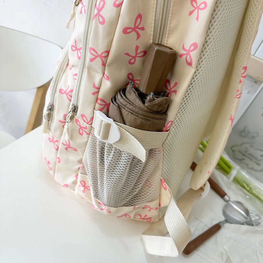 Korean Fashion Bow Print Women Fashion Backpack Lightweight Simple Student Schoolbag Female Bag Three-Piece Set