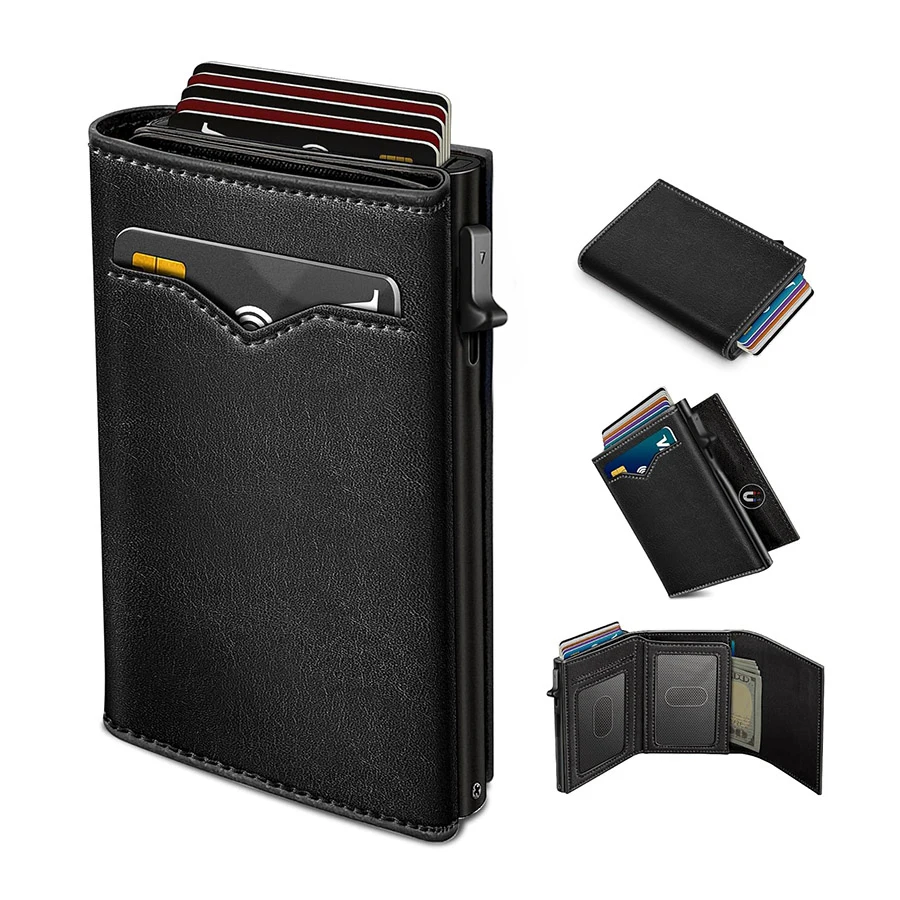 Carbon Fiber Microfiber Leather Pop Up Wallet For Men, RFID Blocking Credit Card Holder With Clear ID Window Cash Pocket