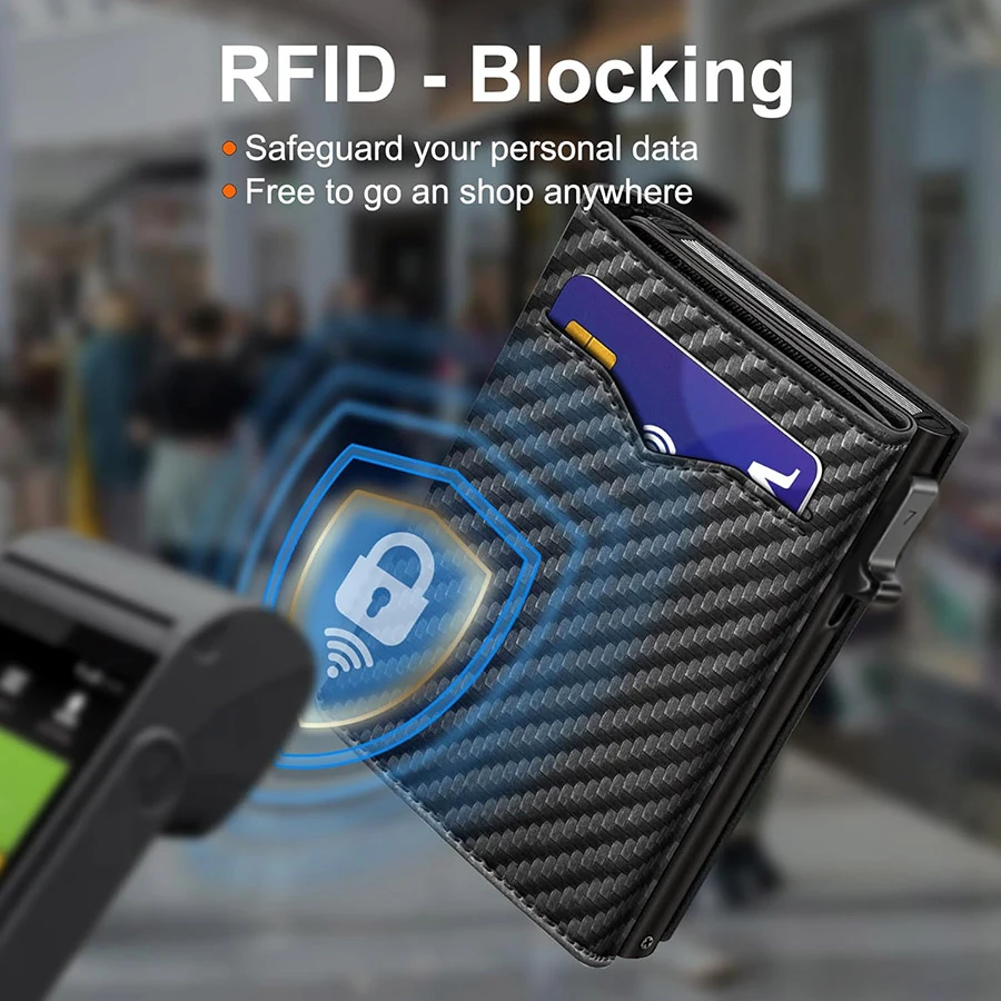 Carbon Fiber Microfiber Leather Pop Up Wallet For Men, RFID Blocking Credit Card Holder With Clear ID Window Cash Pocket