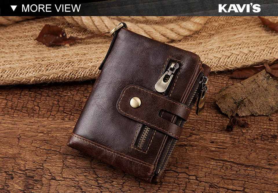 KAVIS RFID Genuine Cowhide Leather Wallet With Coin Pocket For Men Money Card Holder Purse Short Casual Zipper Bifold