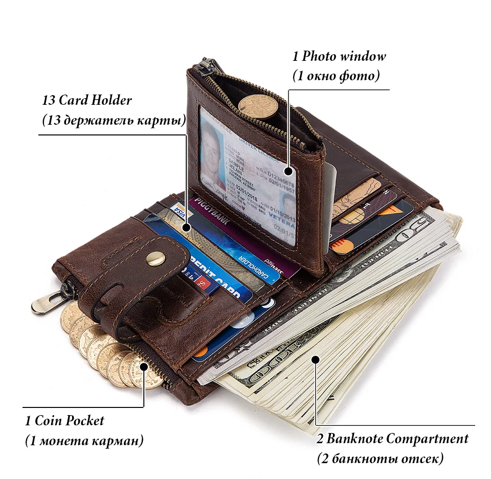 KAVIS RFID Genuine Cowhide Leather Wallet With Coin Pocket For Men Money Card Holder Purse Short Casual Zipper Bifold
