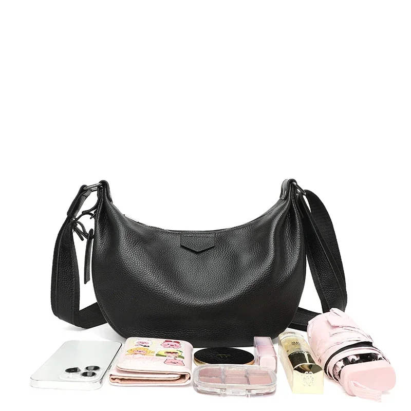 New Women Bags 100% Genuine Leather Underarm Totes Solid Color Commute Handbag Portable Adjustable Half Moon Female Shoulder Bag