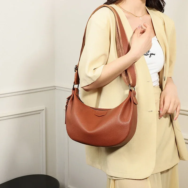 New Women Bags 100% Genuine Leather Underarm Totes Solid Color Commute Handbag Portable Adjustable Half Moon Female Shoulder Bag
