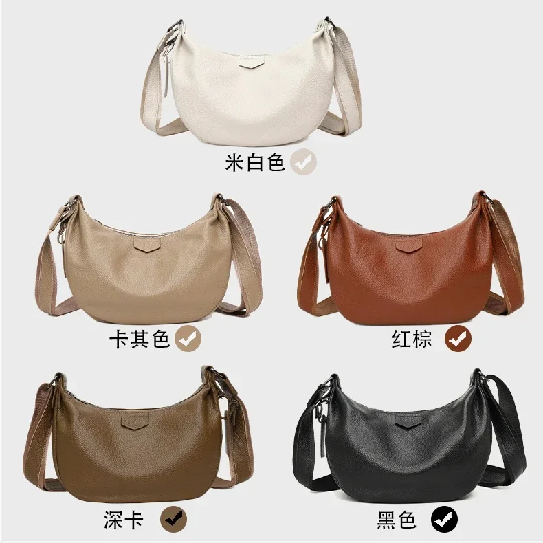 New Women Bags 100% Genuine Leather Underarm Totes Solid Color Commute Handbag Portable Adjustable Half Moon Female Shoulder Bag