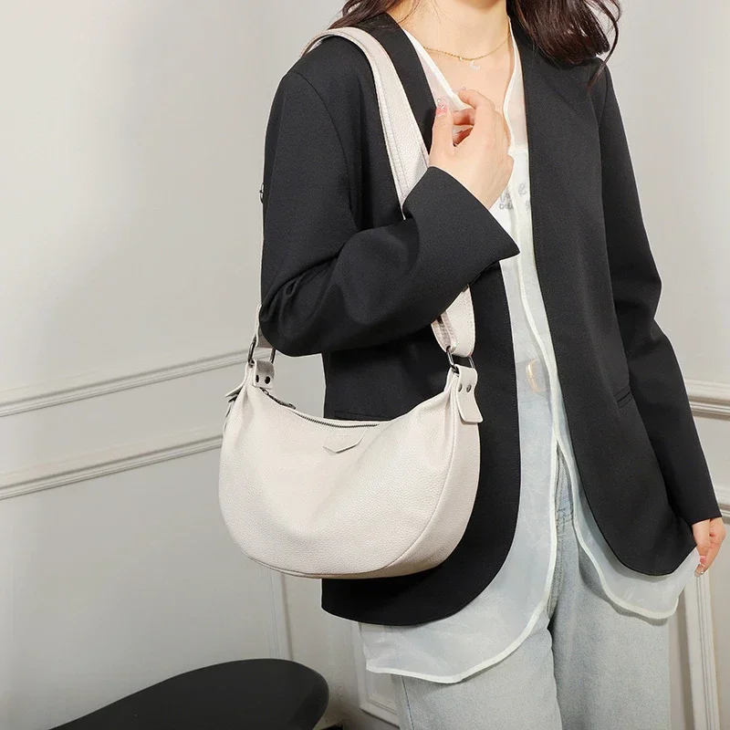 New Women Bags 100% Genuine Leather Underarm Totes Solid Color Commute Handbag Portable Adjustable Half Moon Female Shoulder Bag