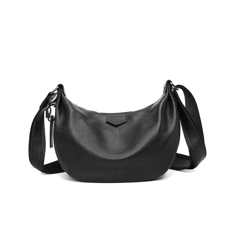 New Women Bags 100% Genuine Leather Underarm Totes Solid Color Commute Handbag Portable Adjustable Half Moon Female Shoulder Bag
