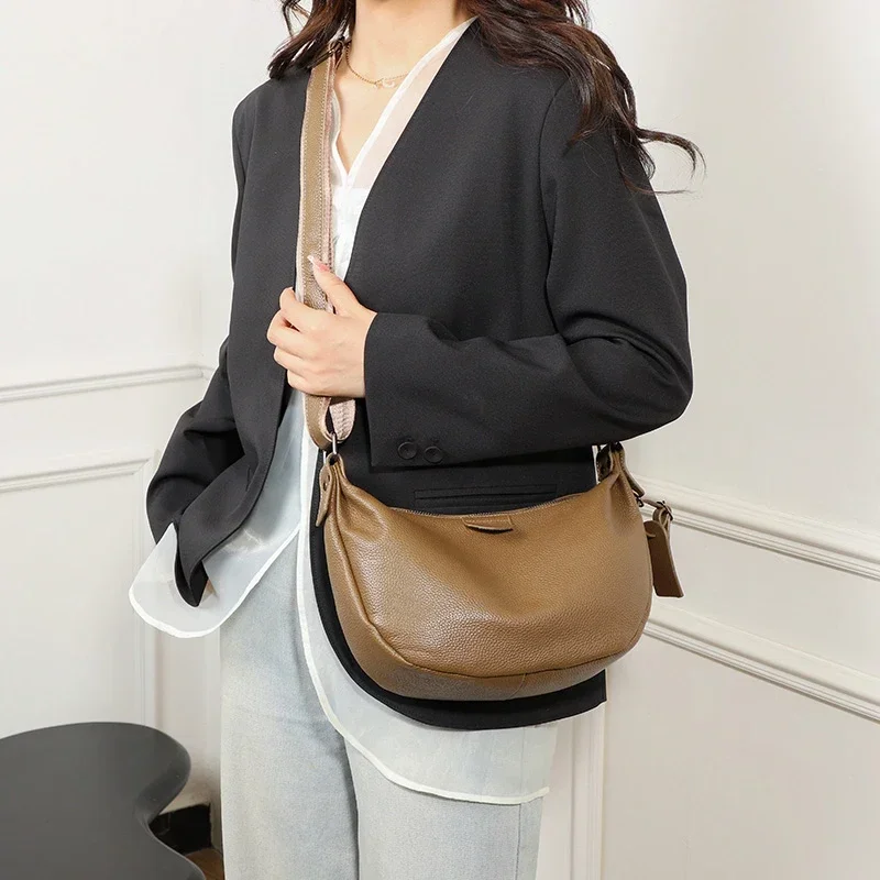New Women Bags 100% Genuine Leather Underarm Totes Solid Color Commute Handbag Portable Adjustable Half Moon Female Shoulder Bag