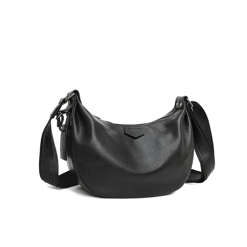 New Women Bags 100% Genuine Leather Underarm Totes Solid Color Commute Handbag Portable Adjustable Half Moon Female Shoulder Bag