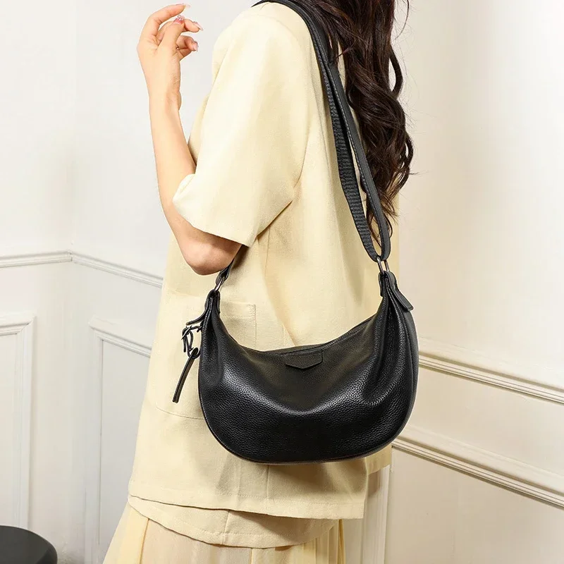New Women Bags 100% Genuine Leather Underarm Totes Solid Color Commute Handbag Portable Adjustable Half Moon Female Shoulder Bag