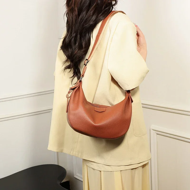 New Women Bags 100% Genuine Leather Underarm Totes Solid Color Commute Handbag Portable Adjustable Half Moon Female Shoulder Bag