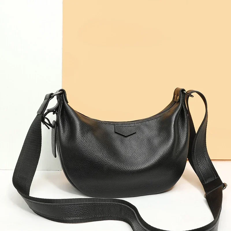 New Women Bags 100% Genuine Leather Underarm Totes Solid Color Commute Handbag Portable Adjustable Half Moon Female Shoulder Bag
