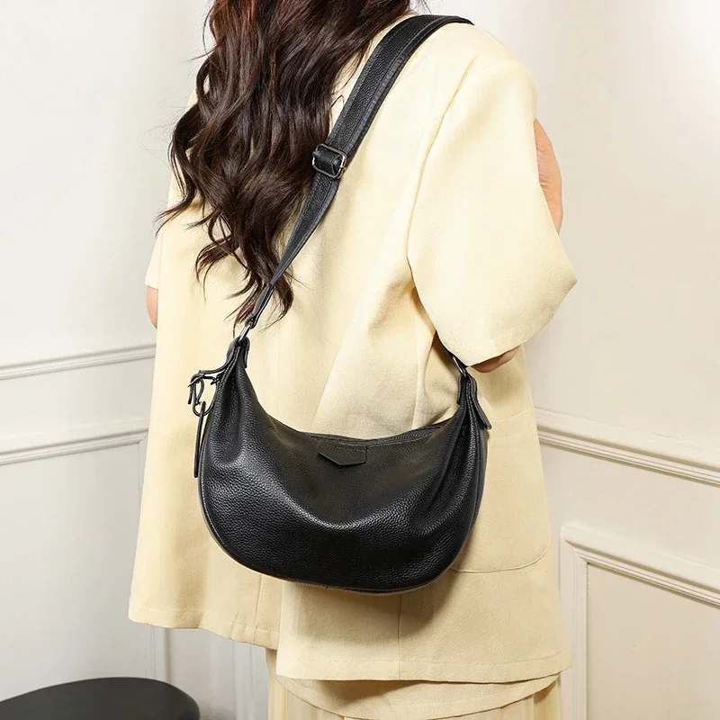 New Women Bags 100% Genuine Leather Underarm Totes Solid Color Commute Handbag Portable Adjustable Half Moon Female Shoulder Bag