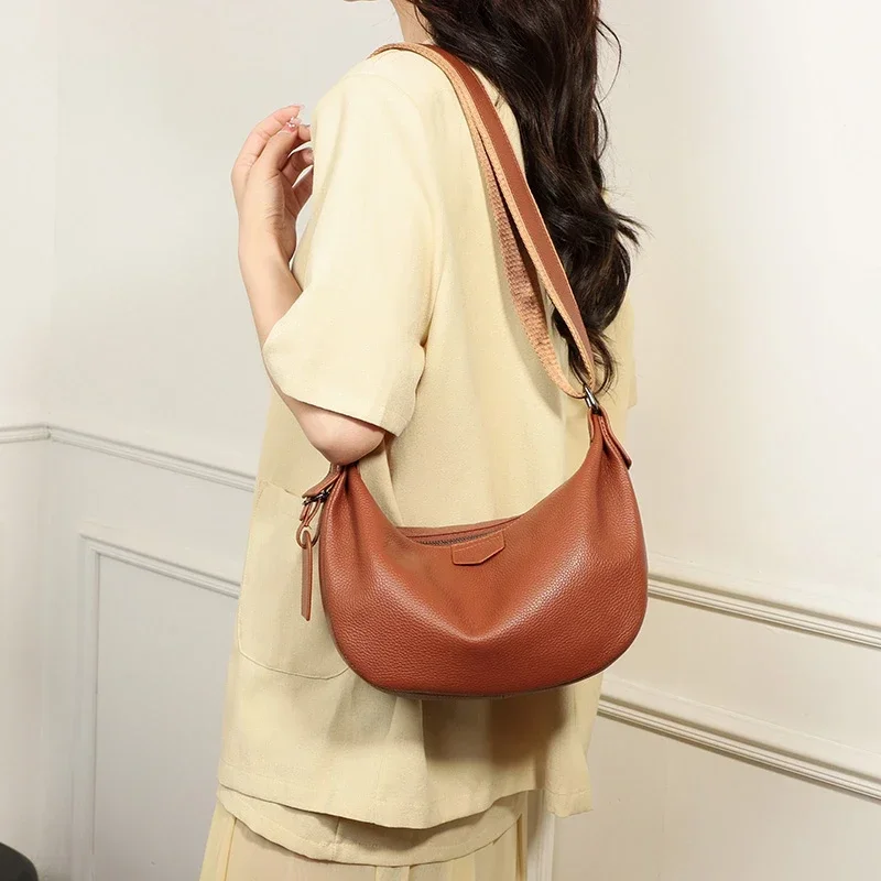New Women Bags 100% Genuine Leather Underarm Totes Solid Color Commute Handbag Portable Adjustable Half Moon Female Shoulder Bag
