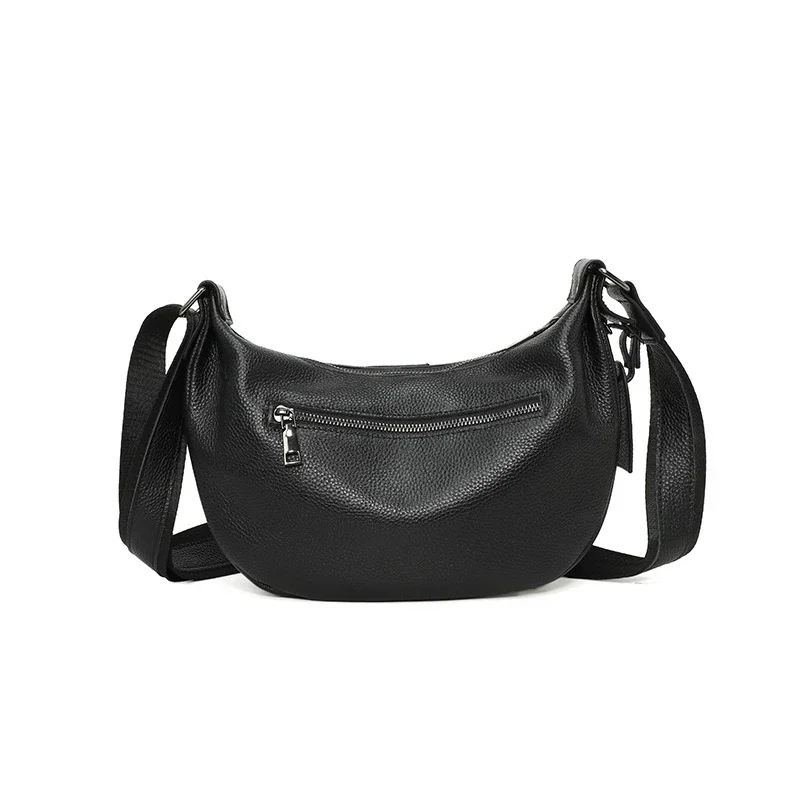 New Women Bags 100% Genuine Leather Underarm Totes Solid Color Commute Handbag Portable Adjustable Half Moon Female Shoulder Bag
