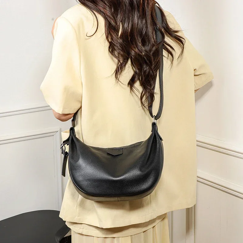 New Women Bags 100% Genuine Leather Underarm Totes Solid Color Commute Handbag Portable Adjustable Half Moon Female Shoulder Bag