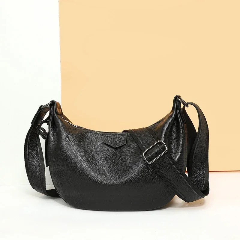 New Women Bags 100% Genuine Leather Underarm Totes Solid Color Commute Handbag Portable Adjustable Half Moon Female Shoulder Bag