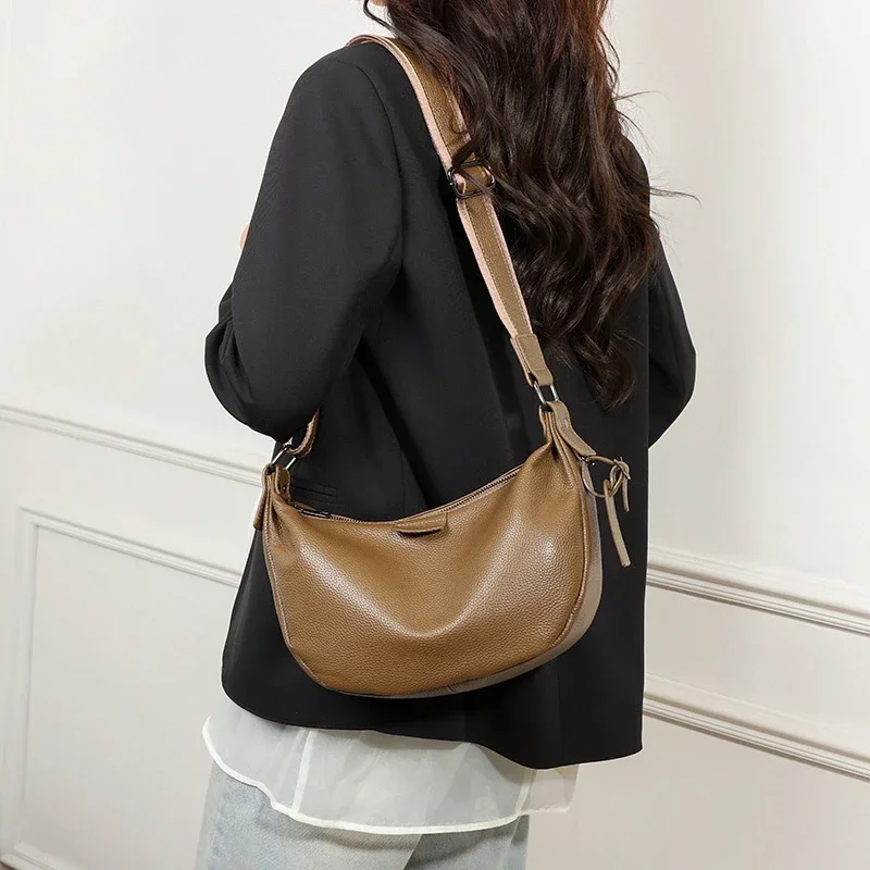 New Women Bags 100% Genuine Leather Underarm Totes Solid Color Commute Handbag Portable Adjustable Half Moon Female Shoulder Bag