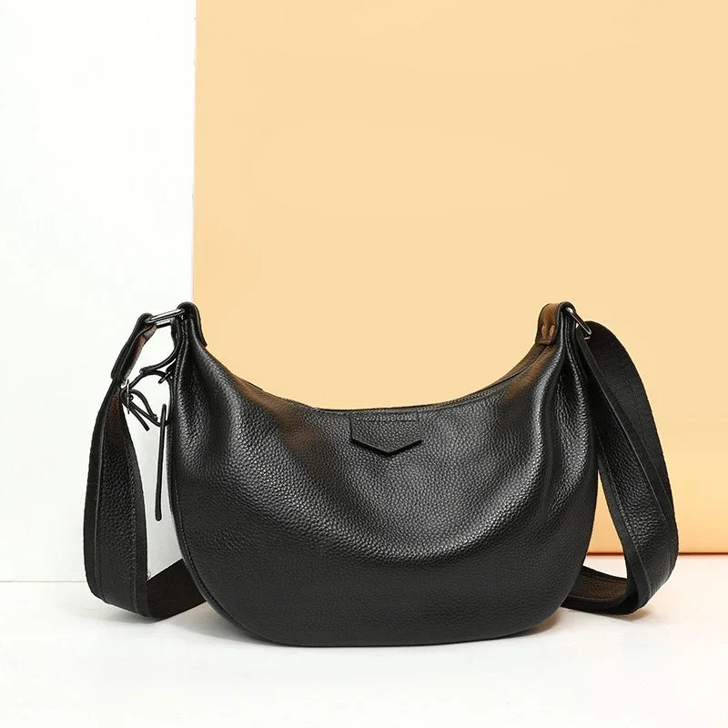 New Women Bags 100% Genuine Leather Underarm Totes Solid Color Commute Handbag Portable Adjustable Half Moon Female Shoulder Bag
