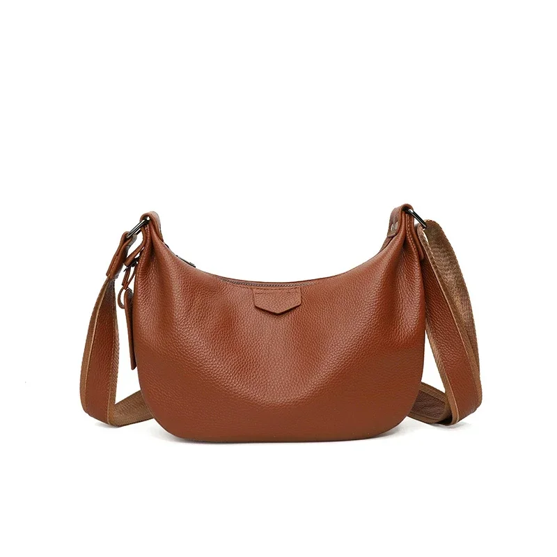 New Women Bags 100% Genuine Leather Underarm Totes Solid Color Commute Handbag Portable Adjustable Half Moon Female Shoulder Bag