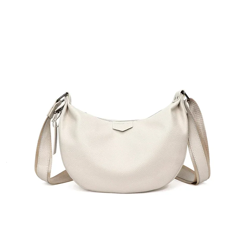 New Women Bags 100% Genuine Leather Underarm Totes Solid Color Commute Handbag Portable Adjustable Half Moon Female Shoulder Bag