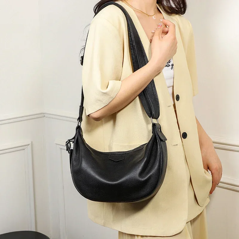 New Women Bags 100% Genuine Leather Underarm Totes Solid Color Commute Handbag Portable Adjustable Half Moon Female Shoulder Bag