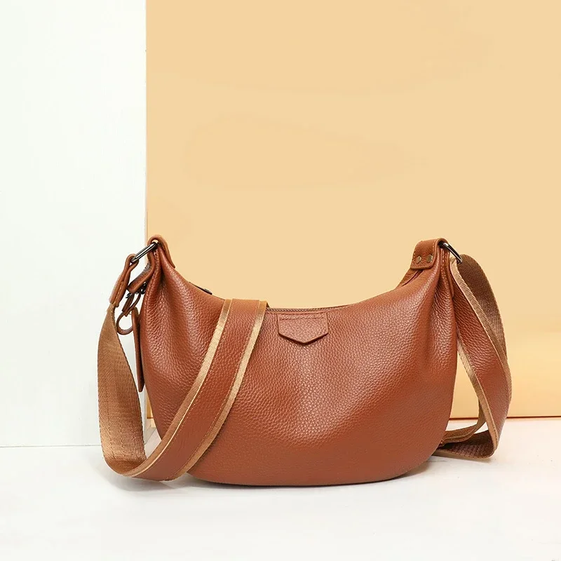 New Women Bags 100% Genuine Leather Underarm Totes Solid Color Commute Handbag Portable Adjustable Half Moon Female Shoulder Bag