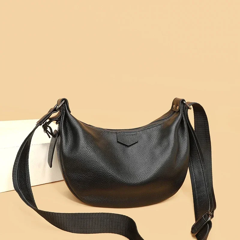 New Women Bags 100% Genuine Leather Underarm Totes Solid Color Commute Handbag Portable Adjustable Half Moon Female Shoulder Bag