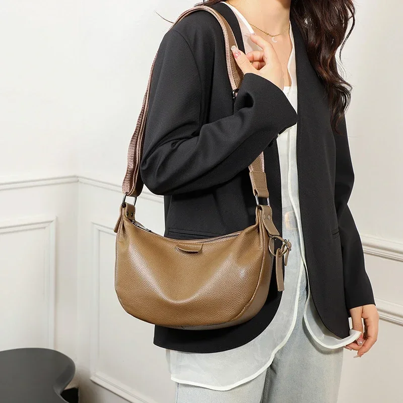 New Women Bags 100% Genuine Leather Underarm Totes Solid Color Commute Handbag Portable Adjustable Half Moon Female Shoulder Bag