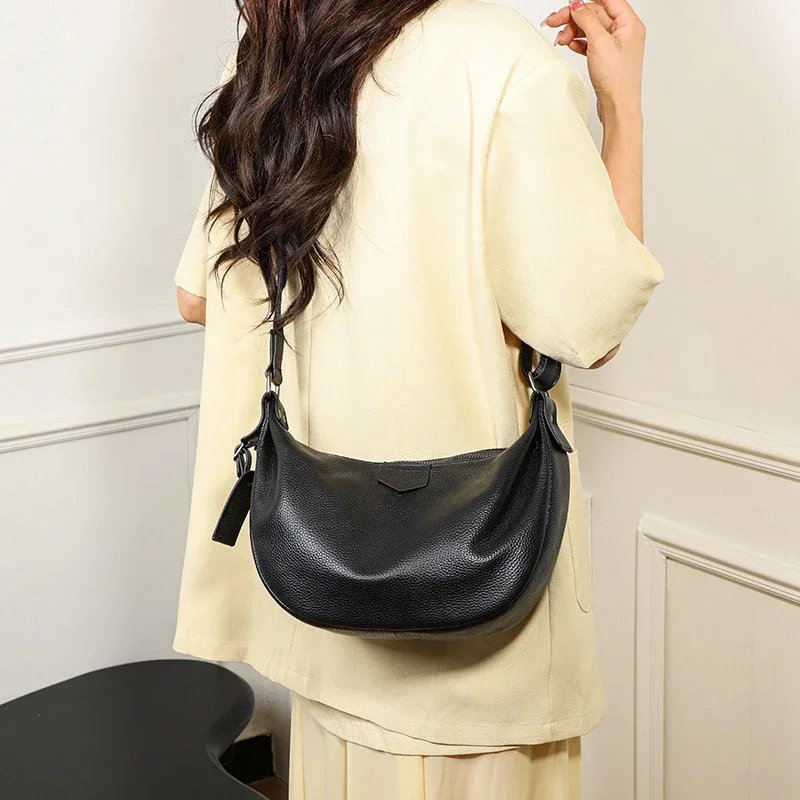 New Women Bags 100% Genuine Leather Underarm Totes Solid Color Commute Handbag Portable Adjustable Half Moon Female Shoulder Bag