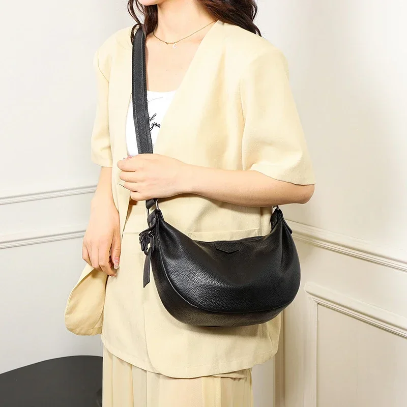 New Women Bags 100% Genuine Leather Underarm Totes Solid Color Commute Handbag Portable Adjustable Half Moon Female Shoulder Bag