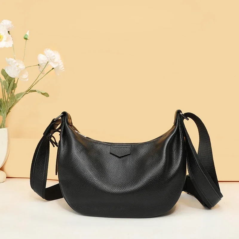 New Women Bags 100% Genuine Leather Underarm Totes Solid Color Commute Handbag Portable Adjustable Half Moon Female Shoulder Bag