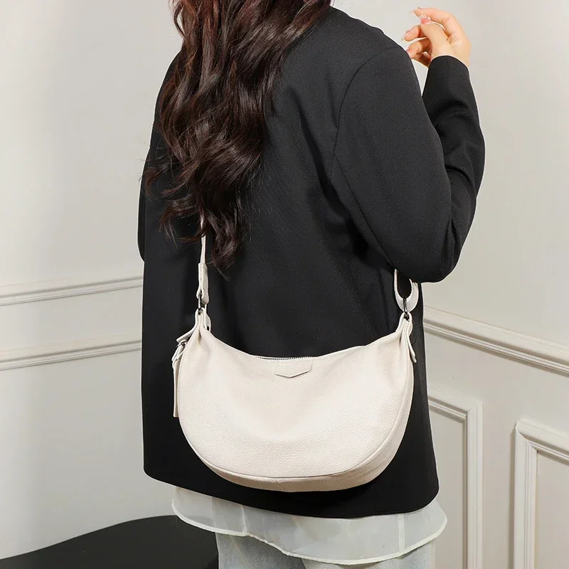 New Women Bags 100% Genuine Leather Underarm Totes Solid Color Commute Handbag Portable Adjustable Half Moon Female Shoulder Bag